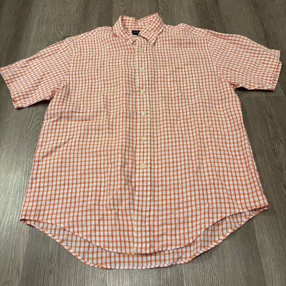 Brooks Brothers 100% Irish Linen Button Up SS Men’s Large Pink/Orange Check